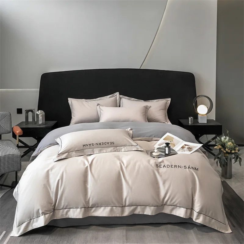 thumbnail image 1 of Nuevo Juego de cama Simple de algodón 100%, cómodo juego de funda nórdica Queen de lujo, juego de funda de edredón bordado de alta gama con sábanas, 1 of 5