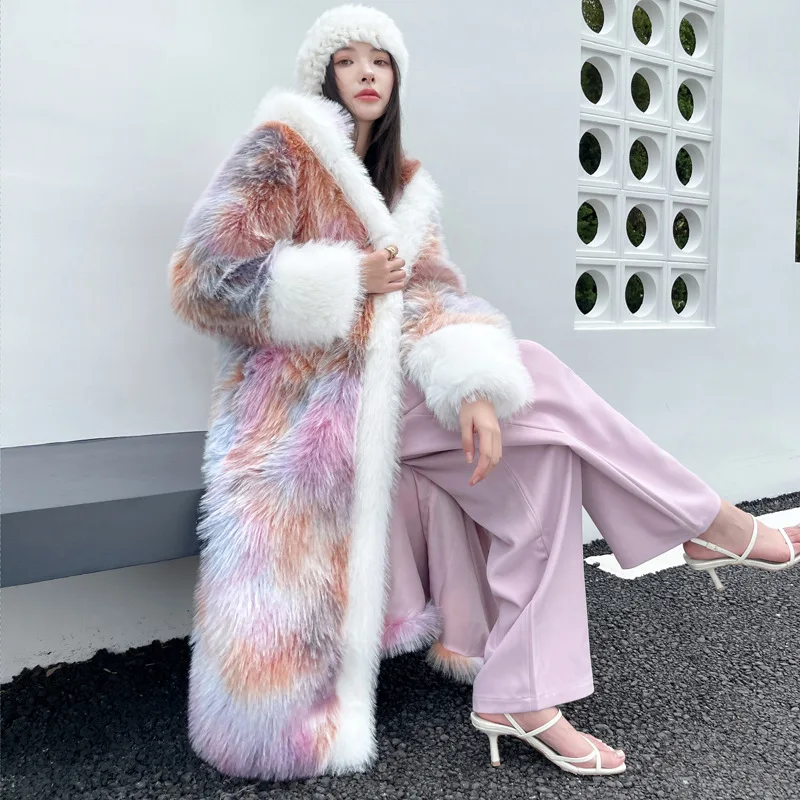 

fashion new Dream color fur long loose fitting Chinese antique colored fur coat Women's coat Hooded cloak top 2024