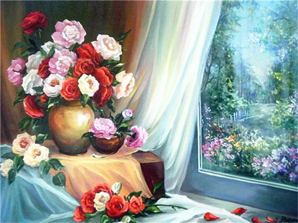 Landschaft Blumen Meer Gedruckt Leinwand Kreuz Stich Stickerei Kit Malerei Handarbeit Handwerk Nähen Magie Großhandel Schmuck – Detail 18