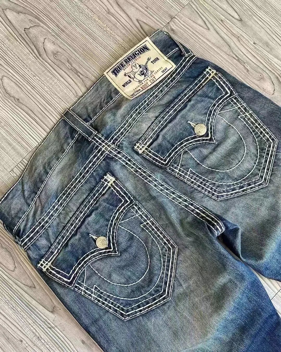 2024 Summer Blue Embroidered Men's and Women's New Heavy Street American Retro Trendy Washed High-Elastic Flare Jeans Hot Sale 2