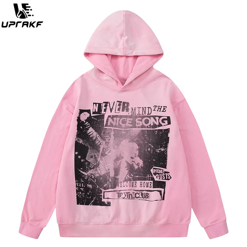 UPRAKF Oversize Punk Print Hoodie Oversize Long Sleeve Rock Pattern Autumn Fashion Pullover Casual Tops Streetwear