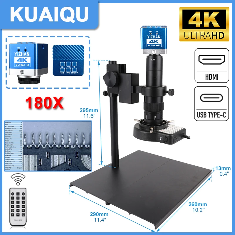 YIZHAN 180X 렌즈 디지털 현미경(납땜용) 13MP/48MP/60MP HD 카메라 링 라이트 조절 가능 금속 중간 베이스 현미경