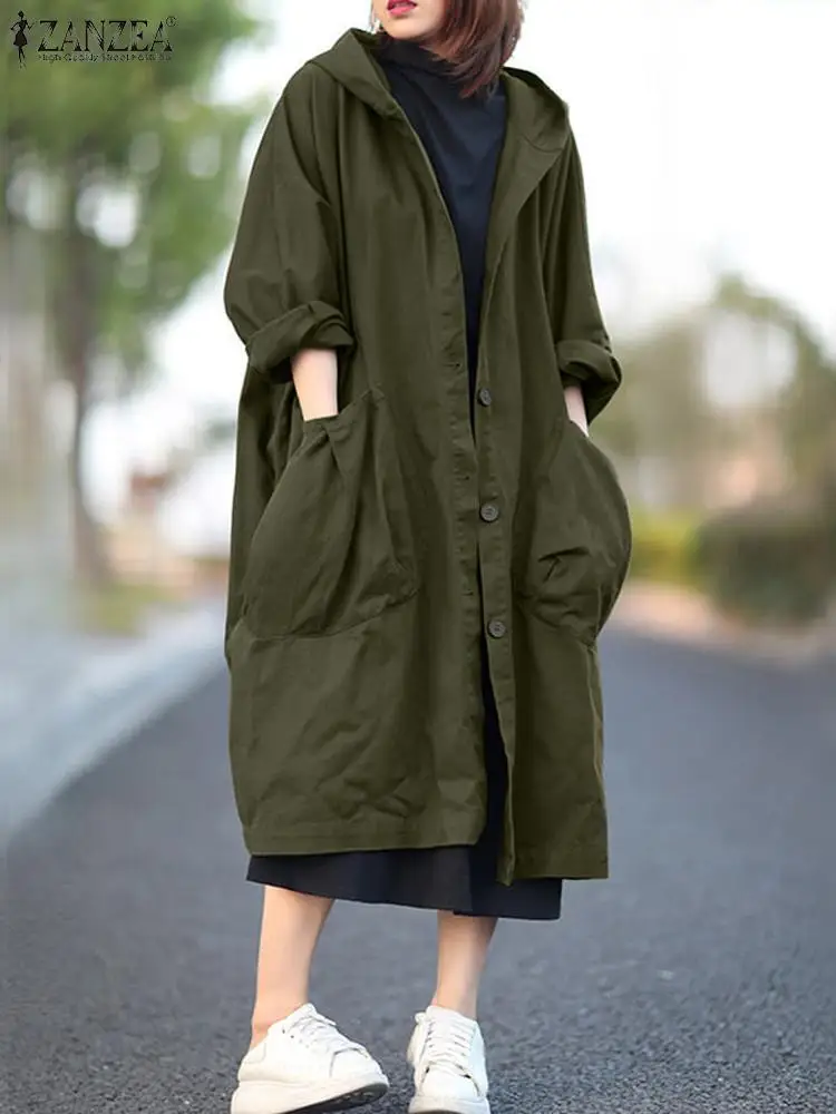 

Осенняя Стильная верхняя одежда с длинным рукавом ZANZEA женские длинные пальто с капюшоном повседневные свободные пальто с карманами 2024 модный кафтан тренч для женщин
