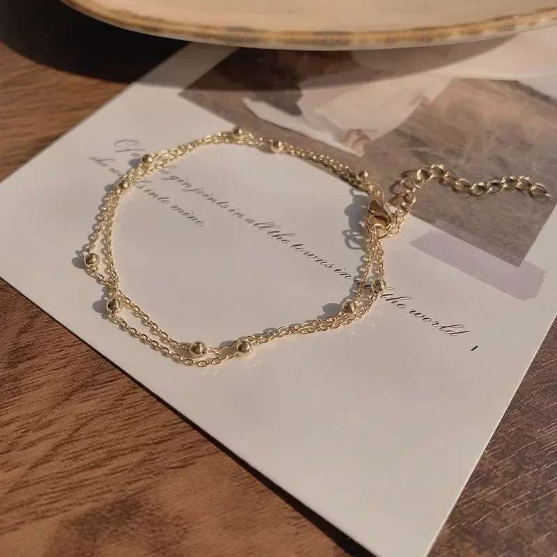 Double Layers Small Round Beads Bracelet Women's Hand Bracelet Gold Color Chain Simple Female Ball Jewelry