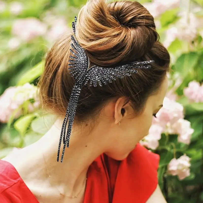 Angel Wings Hair Clip Imitation Pearl Rhinestone Tassel Chain Ponytail Buckle Hairpins Female Hair Card Accessories