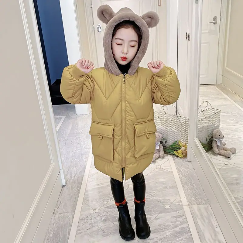 

Fashion Girls Winter Cotton Coats Cute Bear Hooded Young Children Thicken Warm Parka 4-13Y Teenage Kids Long Outerwear Jackets