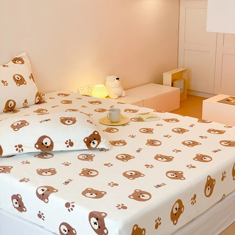 

Winter Cozy All-Around Elastic Home Bed Linen Beer 230g Thick Flannel Bedding Set Crystal Velvet Fitted Sheet Mattress Cover