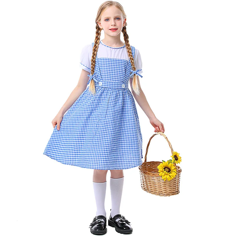 

Girl Wizard Dorothy Princess Costume Classic Blue Plaid Dress Book Week Outfit Cosplay Carnival Halloween Fancy Party Dress