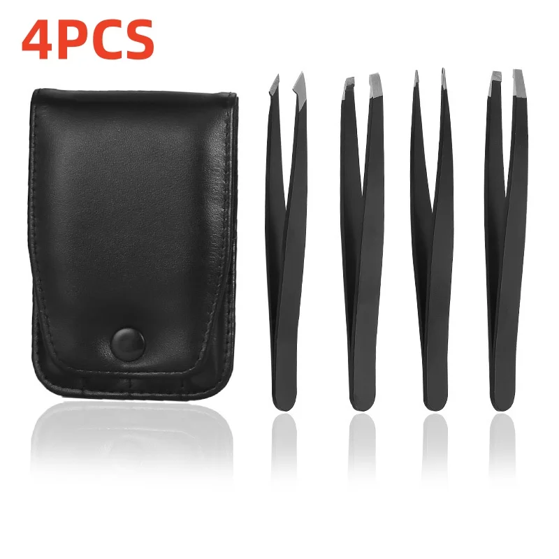 4Pcs Face Hair Removal Beautfy Makeup Tool Hair Removal Tweezers Stainless Steel Eyebrow Tweezers Fine Hairs Puller Black