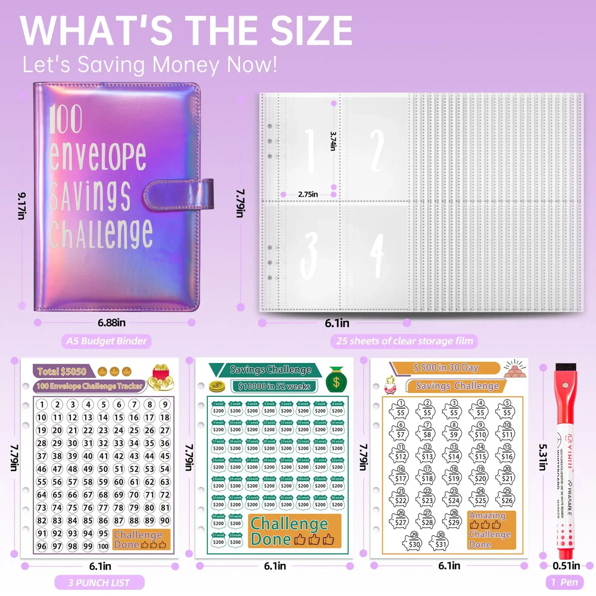 2024 New100 Envelope Savings Challenge Laser A5 Loose-Leaf Binder Budget Binder With Cash Envelopes Money Organizer System 3