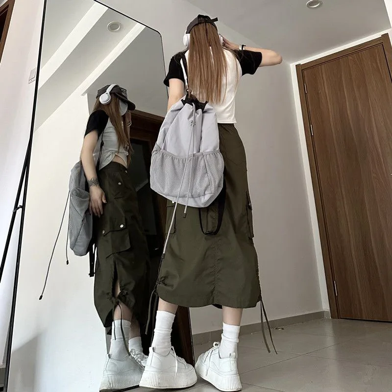 Lucyever Y2K Drawstring Parachute Skirts Women High Street Side Split Cargo Long Skirt Female Casual Multiple Pocket