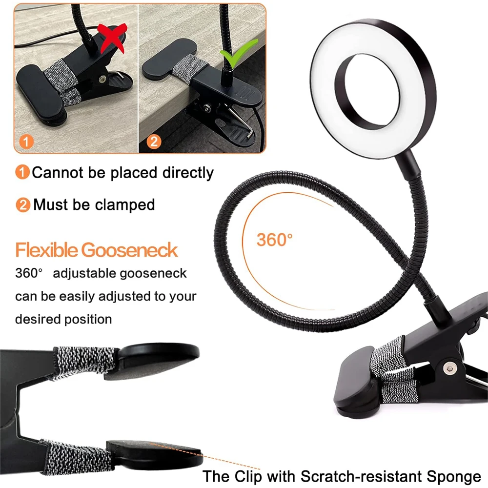 48 LEDs Clip on Desk Lamp 360&deg;Flexible Gooseneck Reading Table Light Eye-Caring USB Clamp Books Night Light Study Read