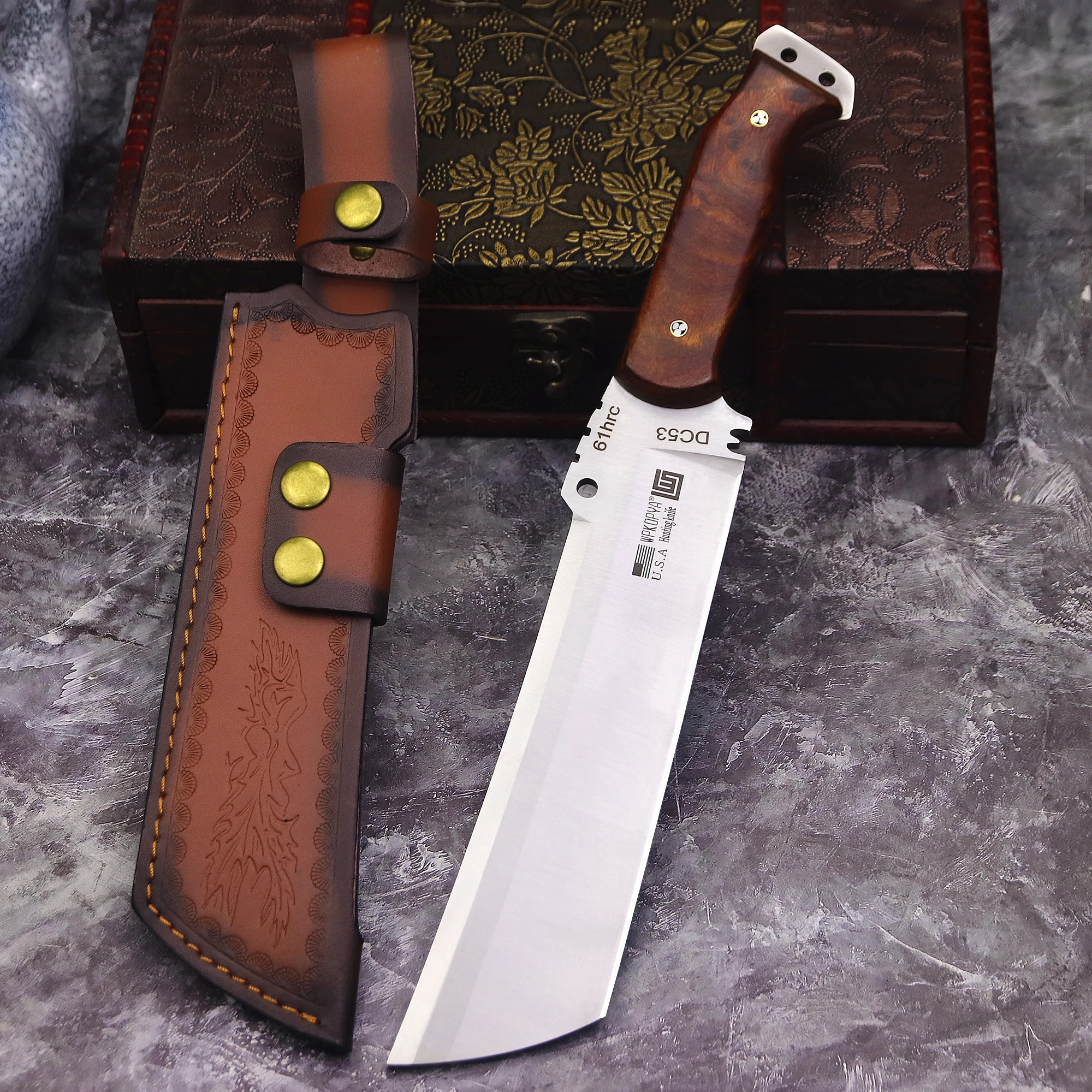 WPKOPYA(USA) Upgraded and thickened DC53 multi-functional Full Tang Chai knife + leather sheath, outdoor camping tool knife 2