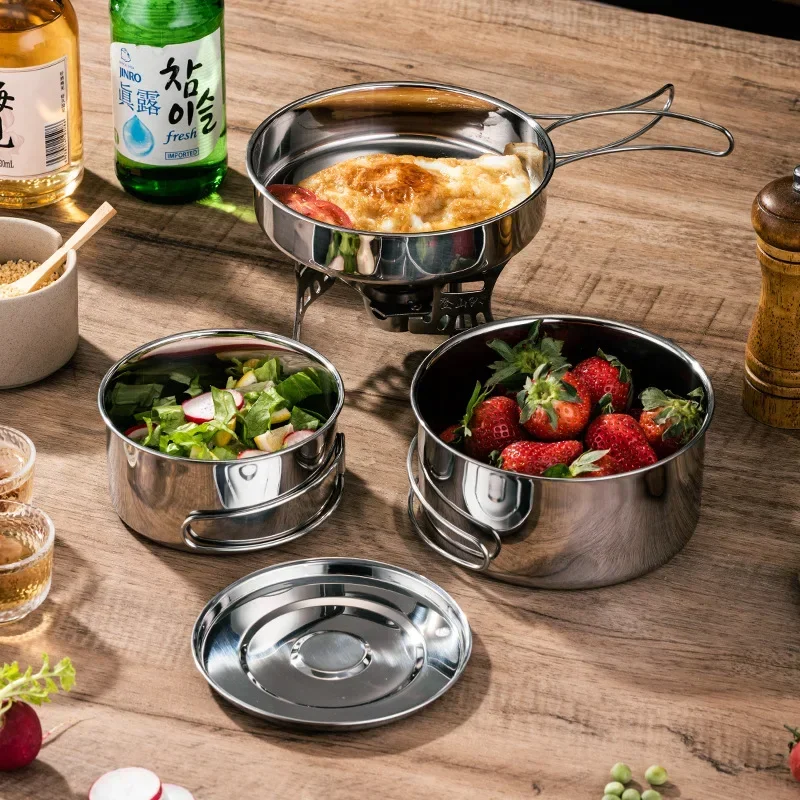 Outdoor Cookware Set Camping Stainless Steel Pot Portable Folding Handle Frying Pan Plate Picnic Cookware Outdoor Supplies
