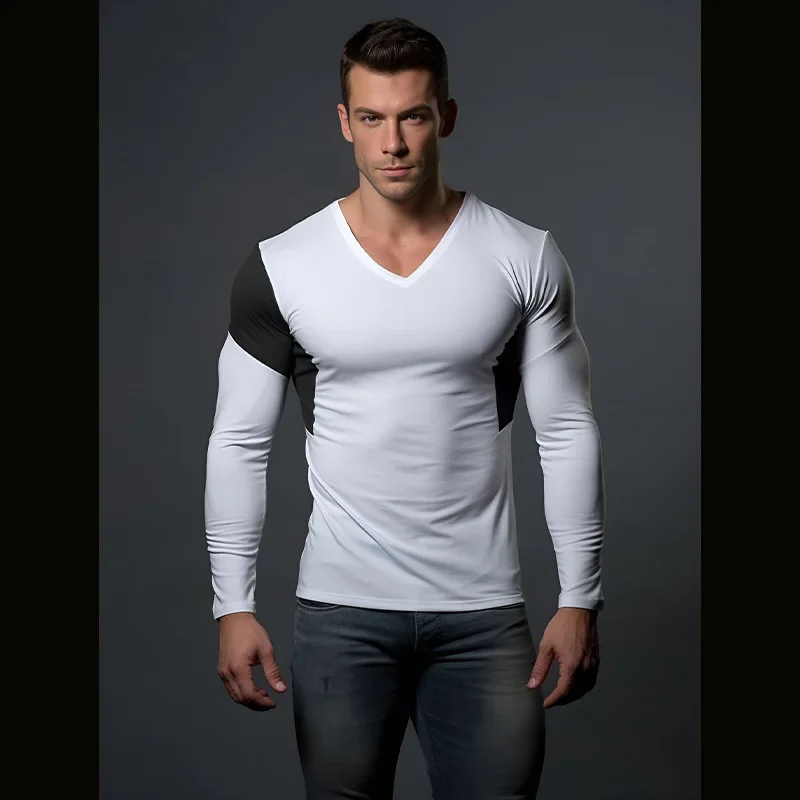 

2023 Men's Autumn and Winter New Fashion Casual Color Matching V-neck Slim Fit Men's Long Sleeve T-shirt Underlay