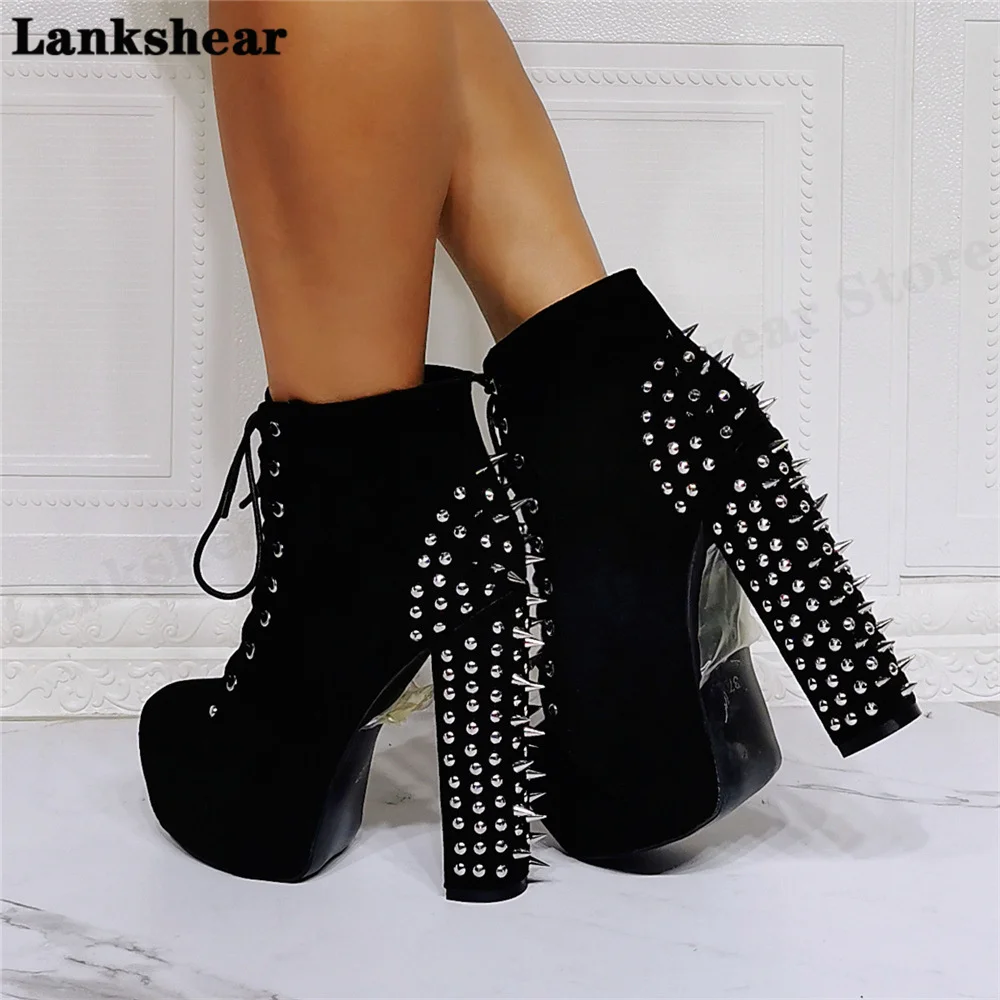 Rivet Thick Heel Booties Round Toe Lace-Up Stiletto High Heels Short Boots Fashion European Dress Women Boots Women Shoes