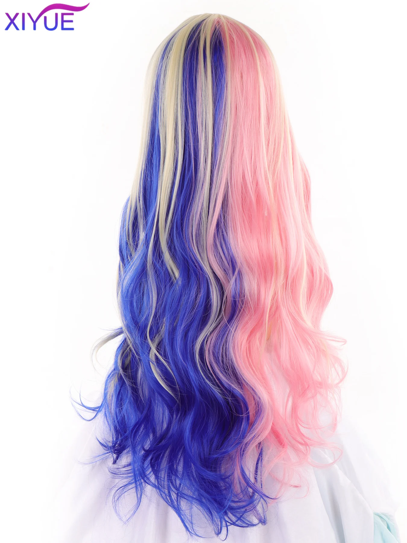 XIYUE Synthetic Long Wavy Rainbow Ombre Blonde Blue Red Wig with Bangs Lolita Cosplay Fluffy Women Hair Wig for Daily Party ﻿