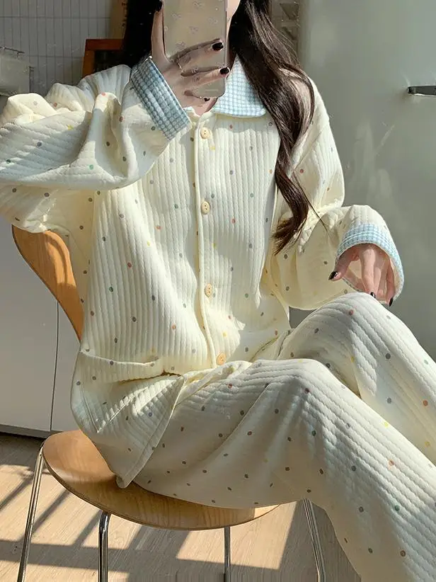 Thiened Cotton Spwear Women's Long Sve Polka Dot Printed Air Cotton Pajamas Set Warm Home Clothes Loose Fit Autumn Wi...
