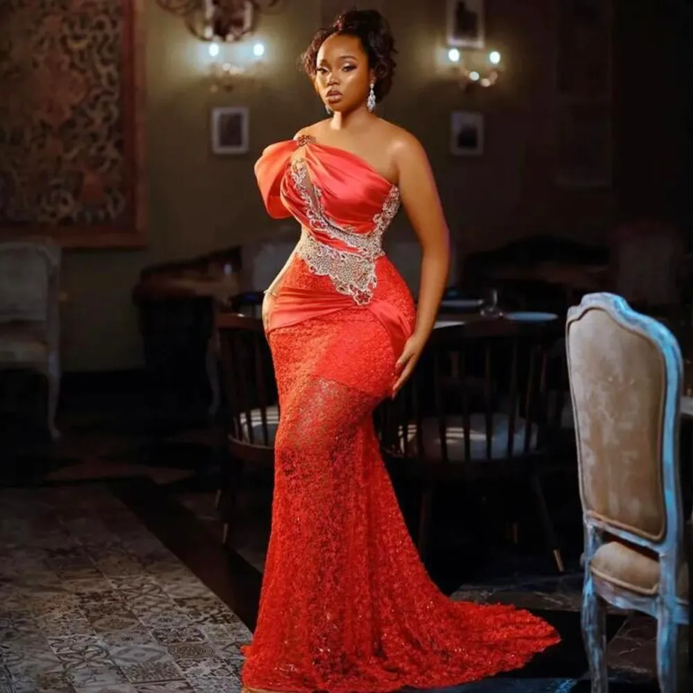 

One Shoulder Lace Prom Dresses With Appliques Beads Plus Size Hollow Bottom Mermaid Evening Dress Aso Ebi Gowns To Party