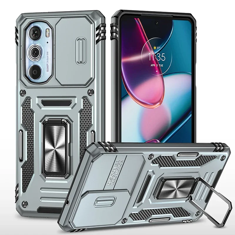 Armor Shockproof Phone Case with Sliding Window Lens Protection and Metal Ring Holder Back Cover