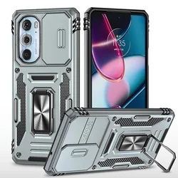 Armor Shockproof Phone Case with Sliding Window Lens Protection and Metal Ring Holder Back Cover for Edge Plus 5G UW 2022 (Gray)