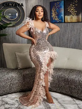 CM.YAYA Women Sequined Spaghetti Strap Feather Hem High Side Slit Mermaid Trumpet Bodycon Midi Evening Sexy Party Maxi Dresses 1