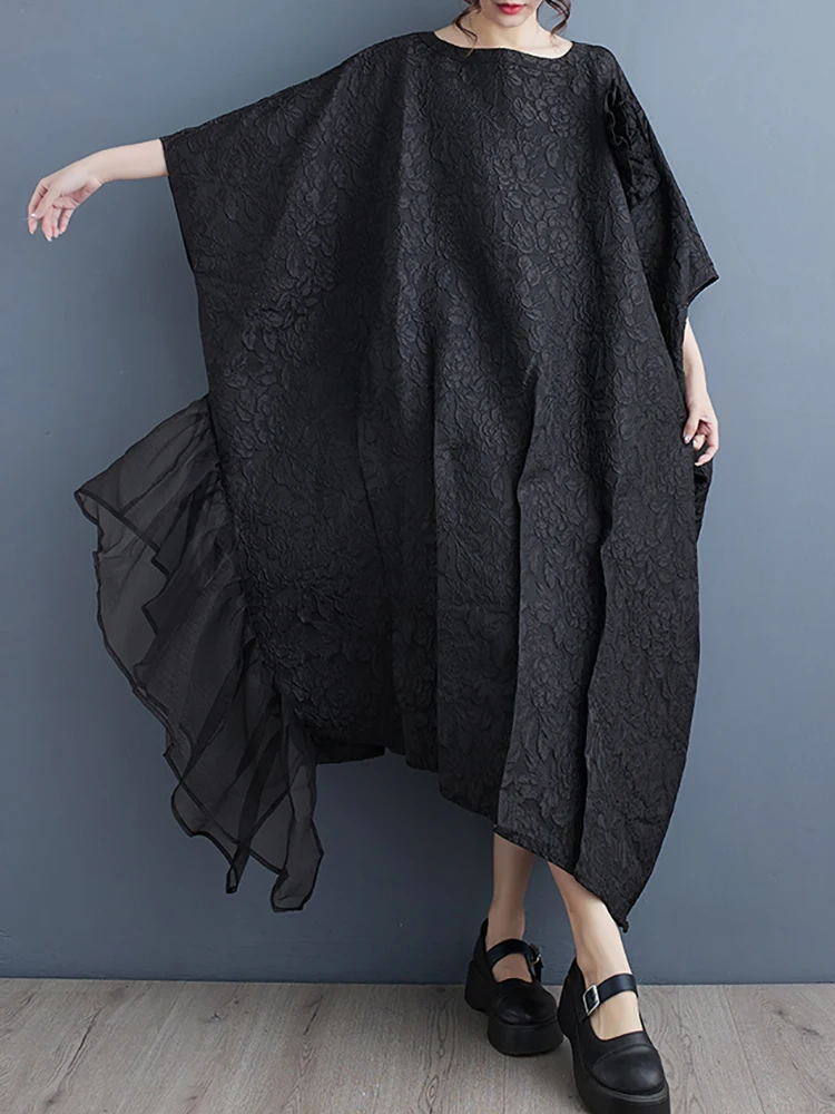 Female Evening Dress Gauze Patchwork Batwing Sleeve Dresses Asymmetrical Solid Color Loose Dress Spring