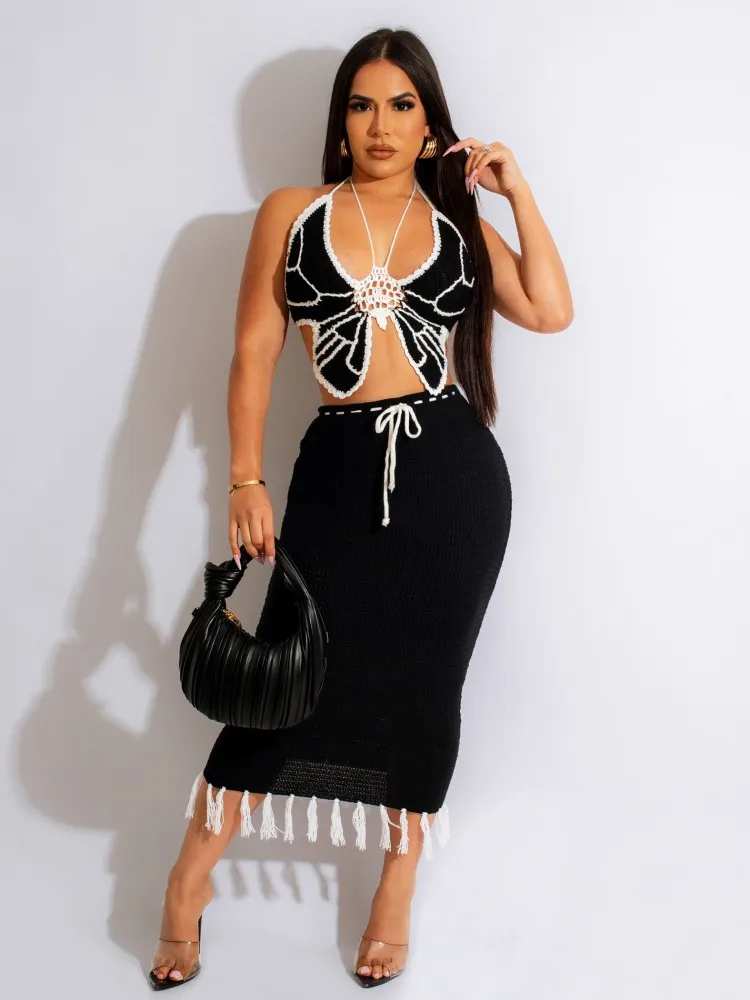 JRRY Sexy Women Knitted Set Two Pieces Halter Bra Top Sash Tassels Skirt Crochet 2 Pieces Set Crocheted Beach Dress Cover Up