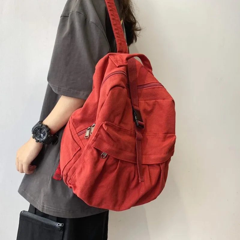 Backpack Canvas Cotton Unisex Solid Softback Zipper Casual High-Capacity Backpack Vintage Bookbag Travel Backpack