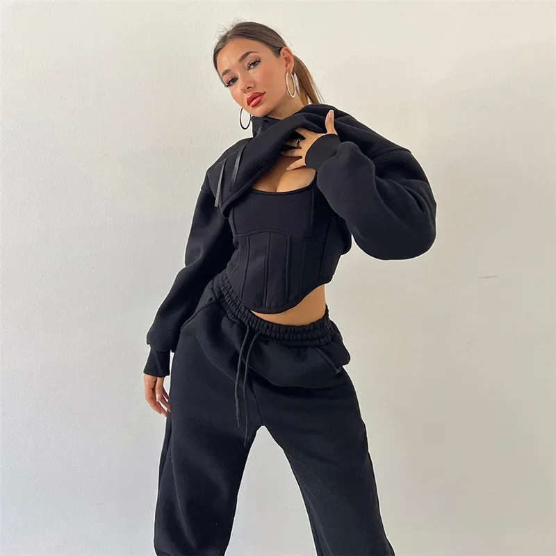 New Lace Up Pants Sets Women Slim Solid Splice Tank Tops Woman Long Sleeve Short Hoodies And Pant Suits Women Outfits Winter
