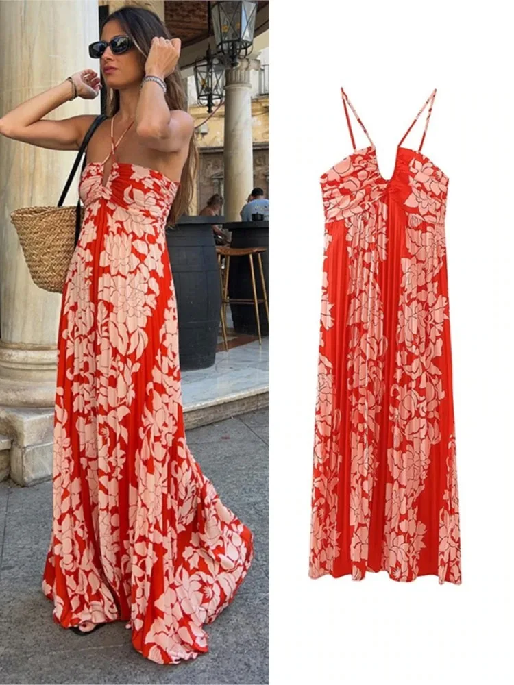 

Women Sexy Sleeveless Backless Long Dresses Print Pleat Halter Bandage Maxi Dress 2023 Summer Female Vacation Party Vestidos