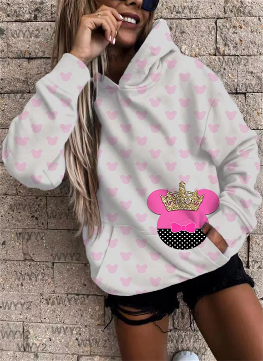 Autumn And Winter Women's Disney Splicing Print Loose Long Hoodie Kawaii  Cartoon Print Hooded Sweatshirt Set Head Sweater - AliExpress
