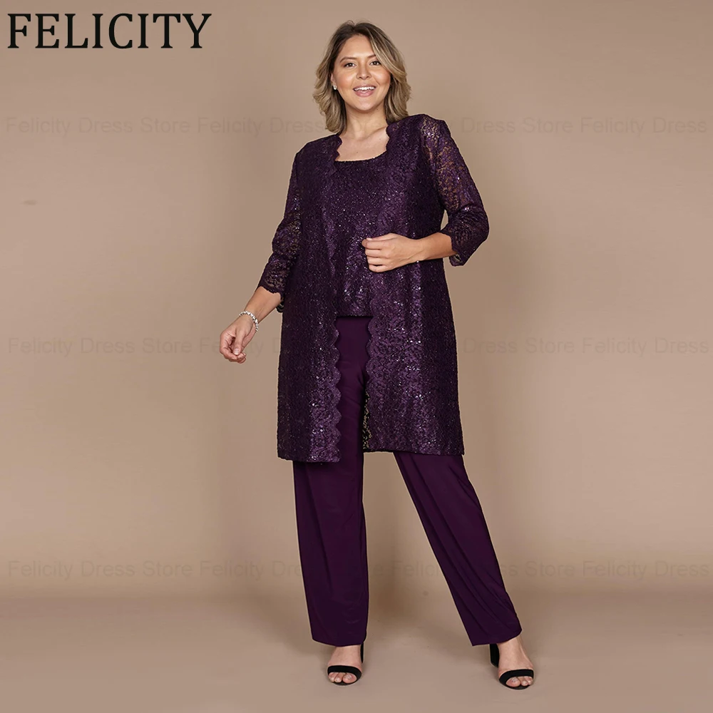 

Elegant 3 Piece Plus Size Mother of the Bride/Groom Dress 2024 with Jacket Lace Jumpsuit Wedding Guest Dresses Sequin Pant Suit
