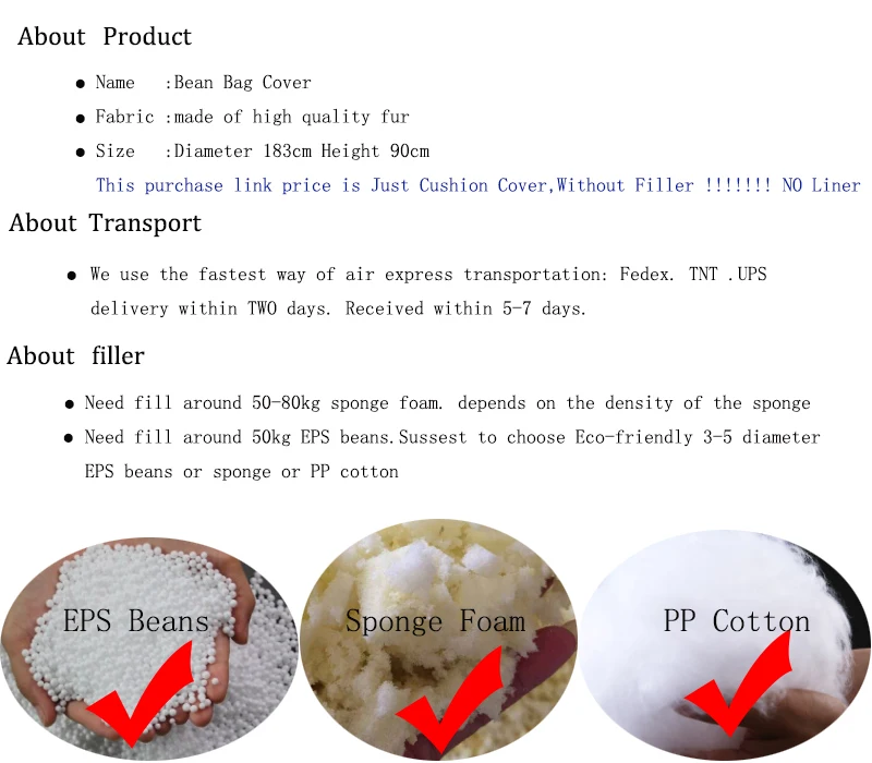 Description Picture 4 of itemSoft Warm 7FT 183*90cm Giant Bean Bag Cover Fluffy Faux Fur Pouf Sofa Bed Soft Beanbag Couch Relax Recliner Chair Lazy Sofa Coat