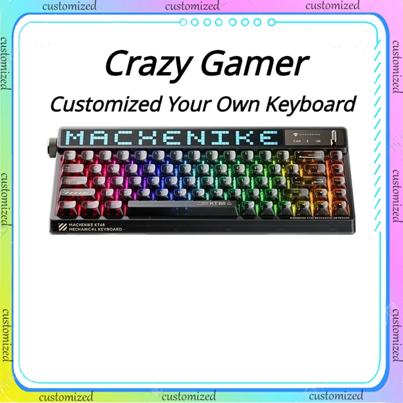Беспроводная механическая клавиатура KT68 Crazy Gamer, трехрежимная, популярная, прозрачная, для киберспорта, RGB подсветка с цифровым дисплеем