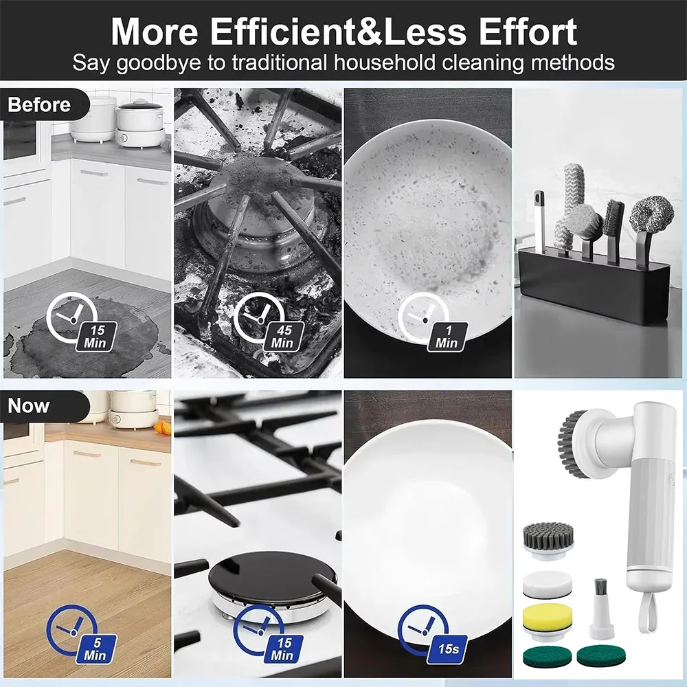 Bathroom Wash Brush USB Type Bathtub Brush Handheld Kitchen Cleaning Tool 6-in-1 Electric Cleaning Brush Cleaner Sink 6