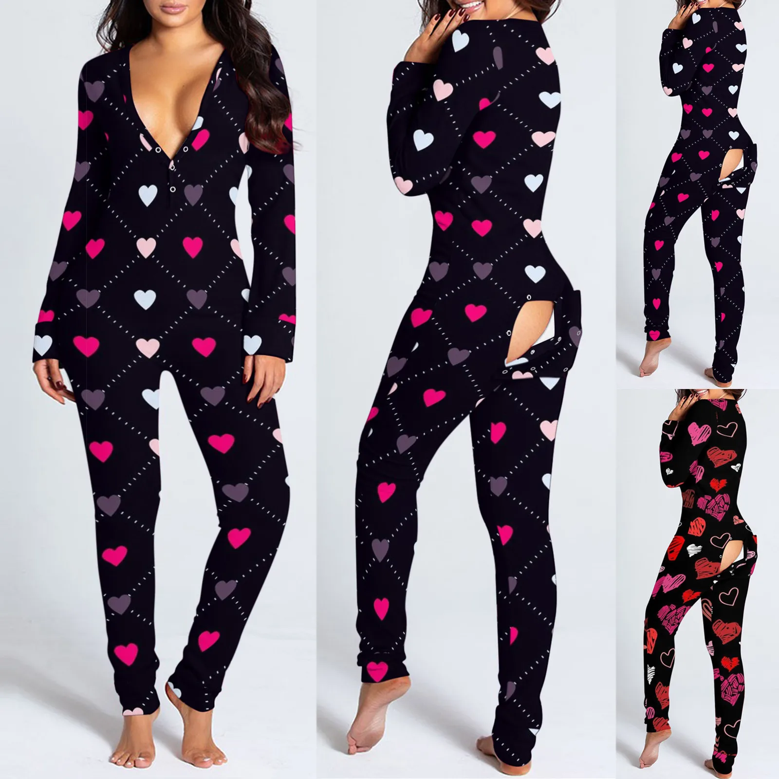 Sexy Pajama for Women New Year Jumpsuit Button-down Front Back Butt Bum Open Ass Flap Valentine's Day Print Loungewear |