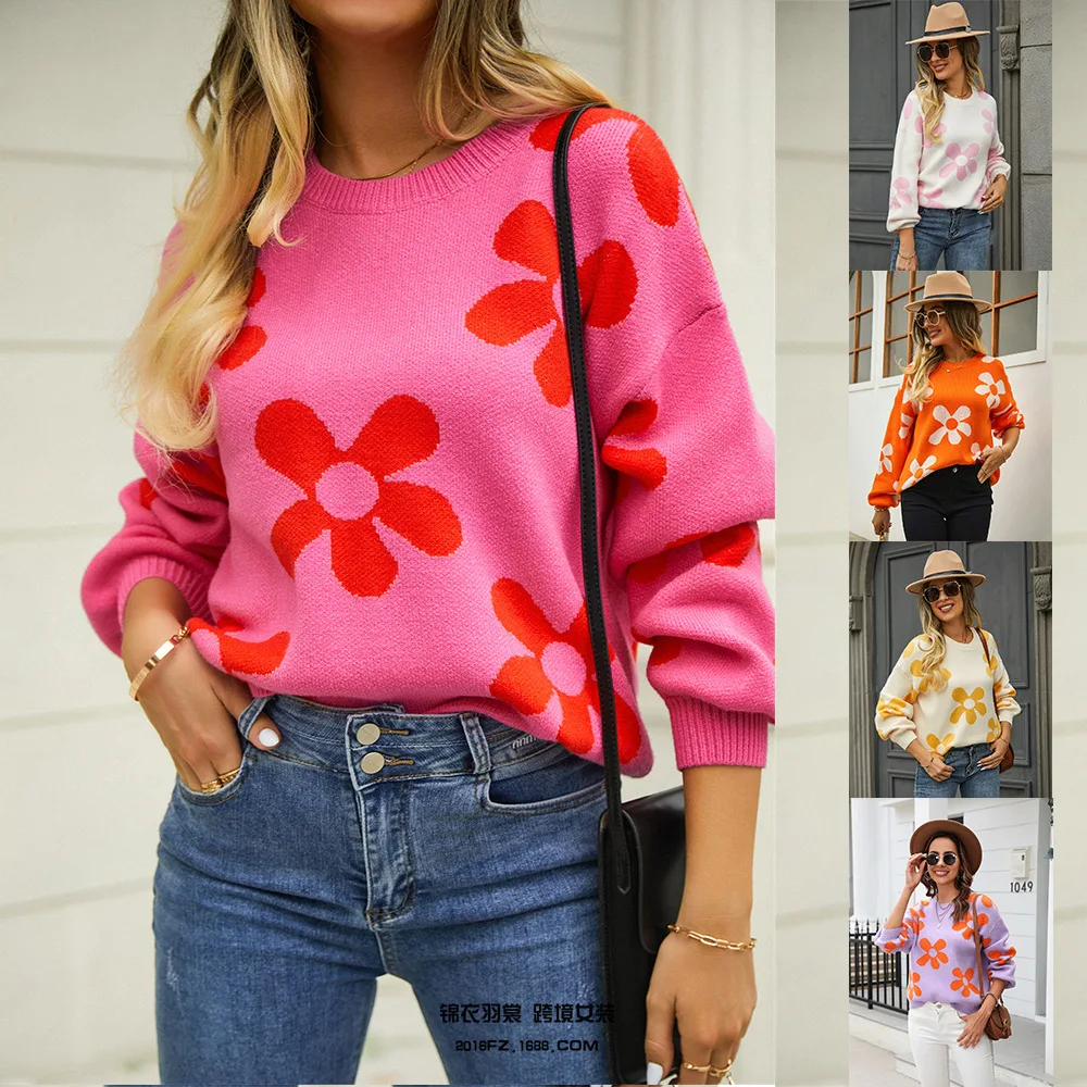 

Women's Printed Loose Sweater 2023 Autumn/Winter New Pullover Flower Large Long Sleeve Sweater