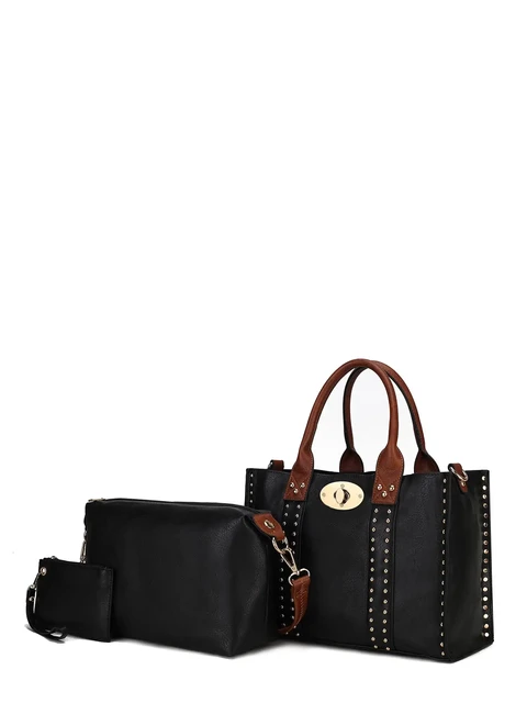 Women's 3 Pc Satchel Crossbody Handbag Leather W/Wristlet Black