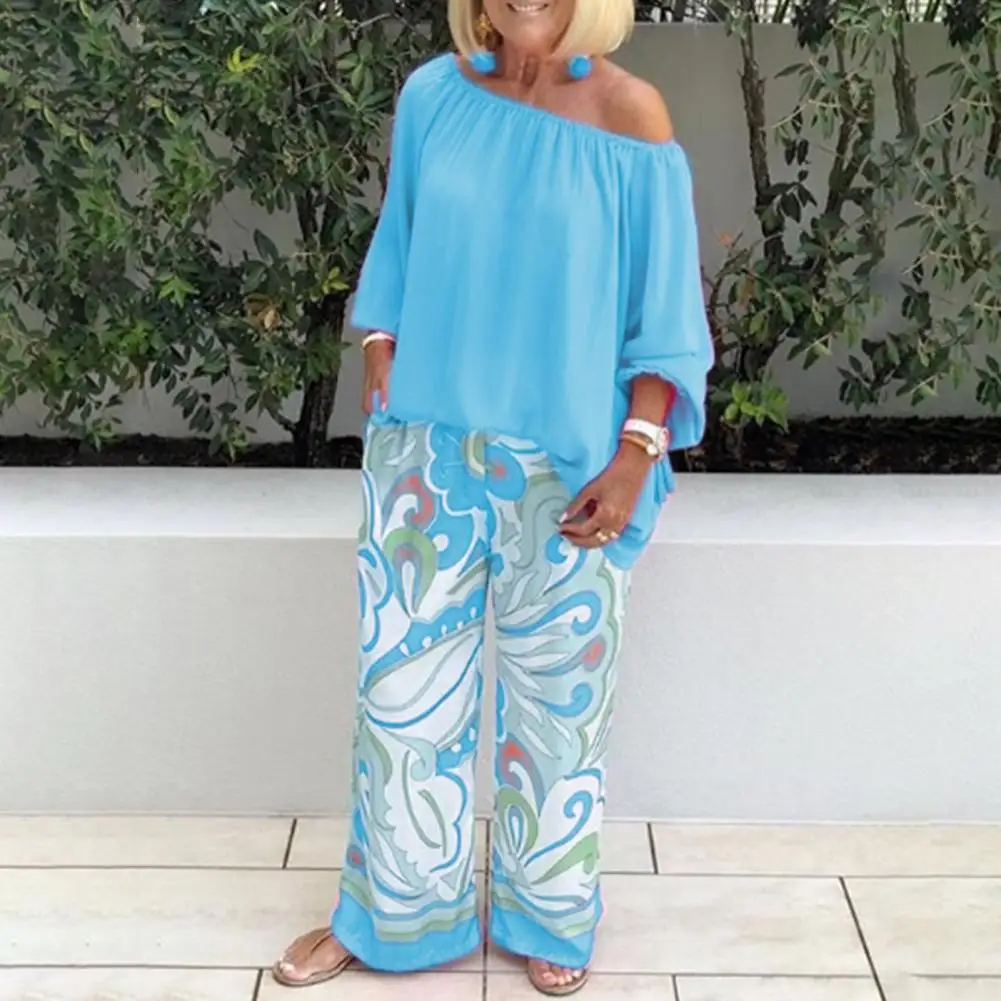 

Autumn Blouse Pants Set Mid Waist Elastic Soft Wide Leg Women Blouse Pants Set Women Blouse Pants Set Colorful Pattern