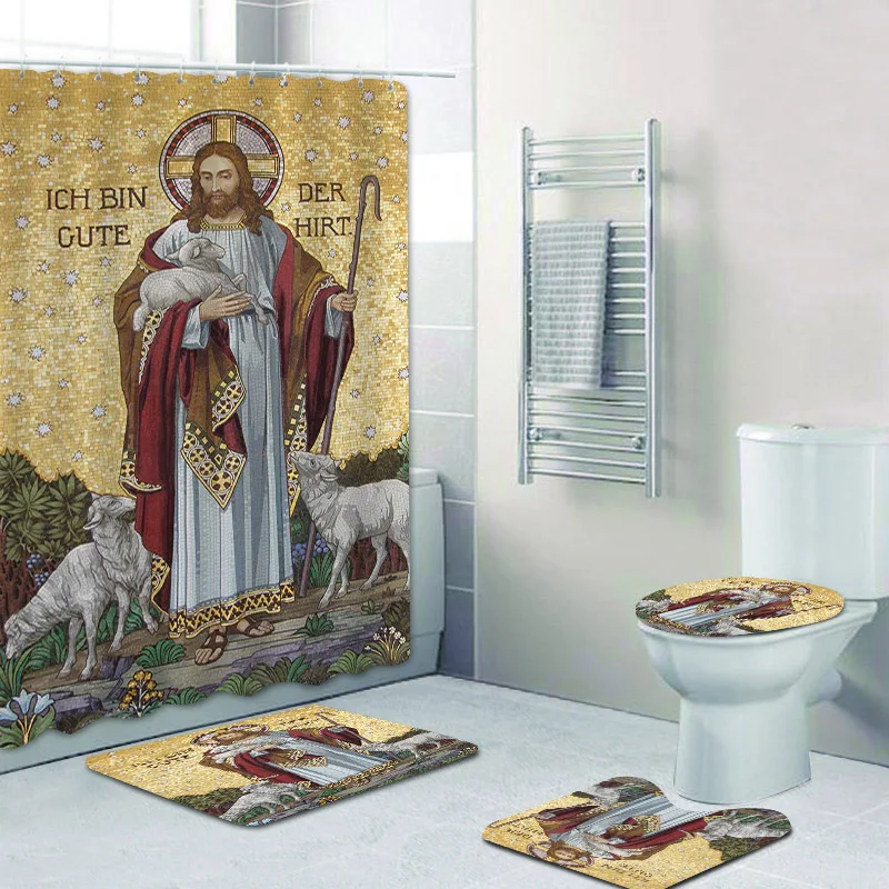 

The Good Shepherd Jesus Christian Art Painting Bathroom Shower Curtain Set for Toilet Jesus with Sheep Lamb Bath Mats Rugs Decor