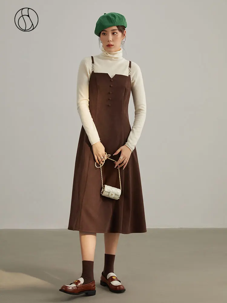 

DUSHU Office Lady Brown Full Sleeve Women Dress V-Neck 2022 Winter Women Dress A-Line Pullover Solid Slim Women Dress