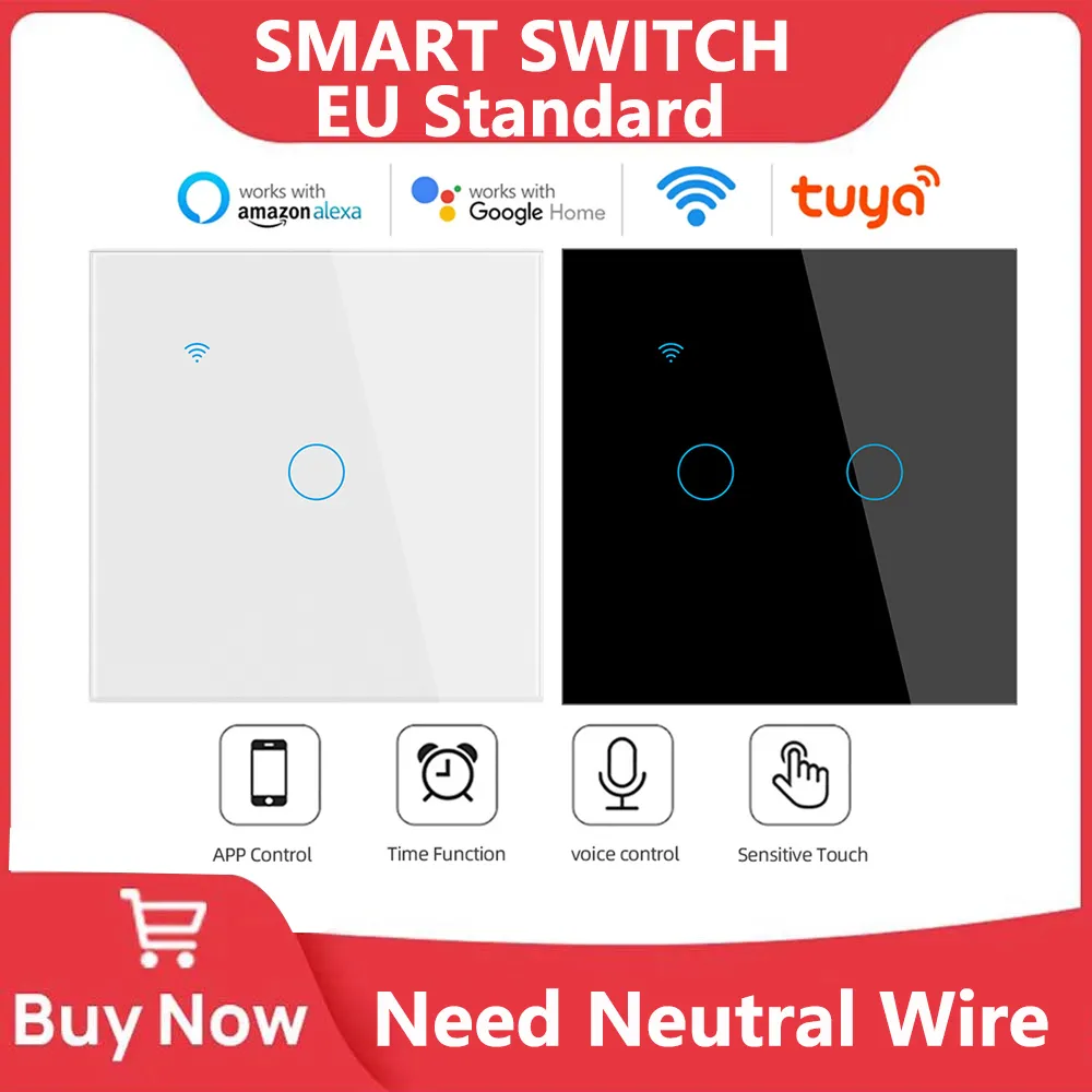 Wifi Smart Switch Eu Licht Muur Touch Schakelaar 220V Nodig Neutrale Draad Tuya Smart Life Work Met Alexa Google Home 1/2/3/4 Bende