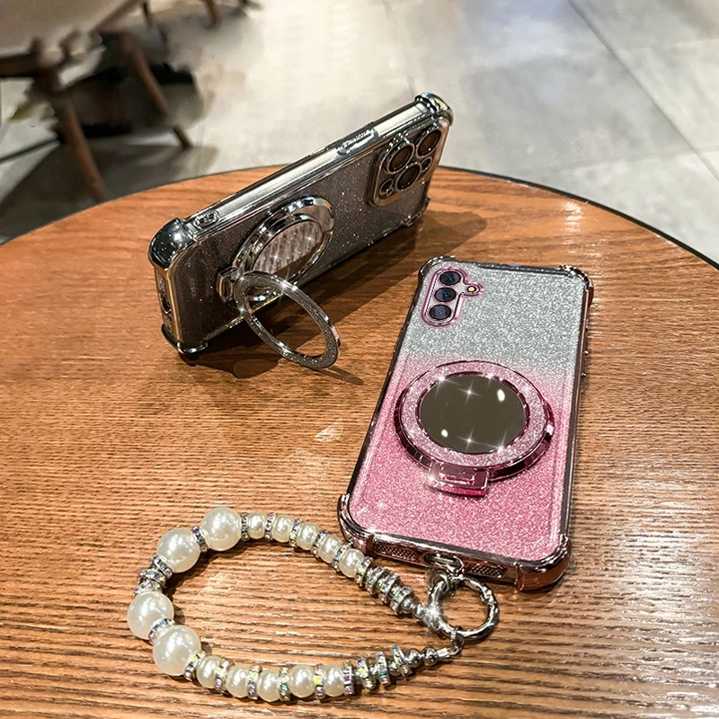 Glitter Mirror Holder Bracelet Chain Soft Shockproof Back Cover Case