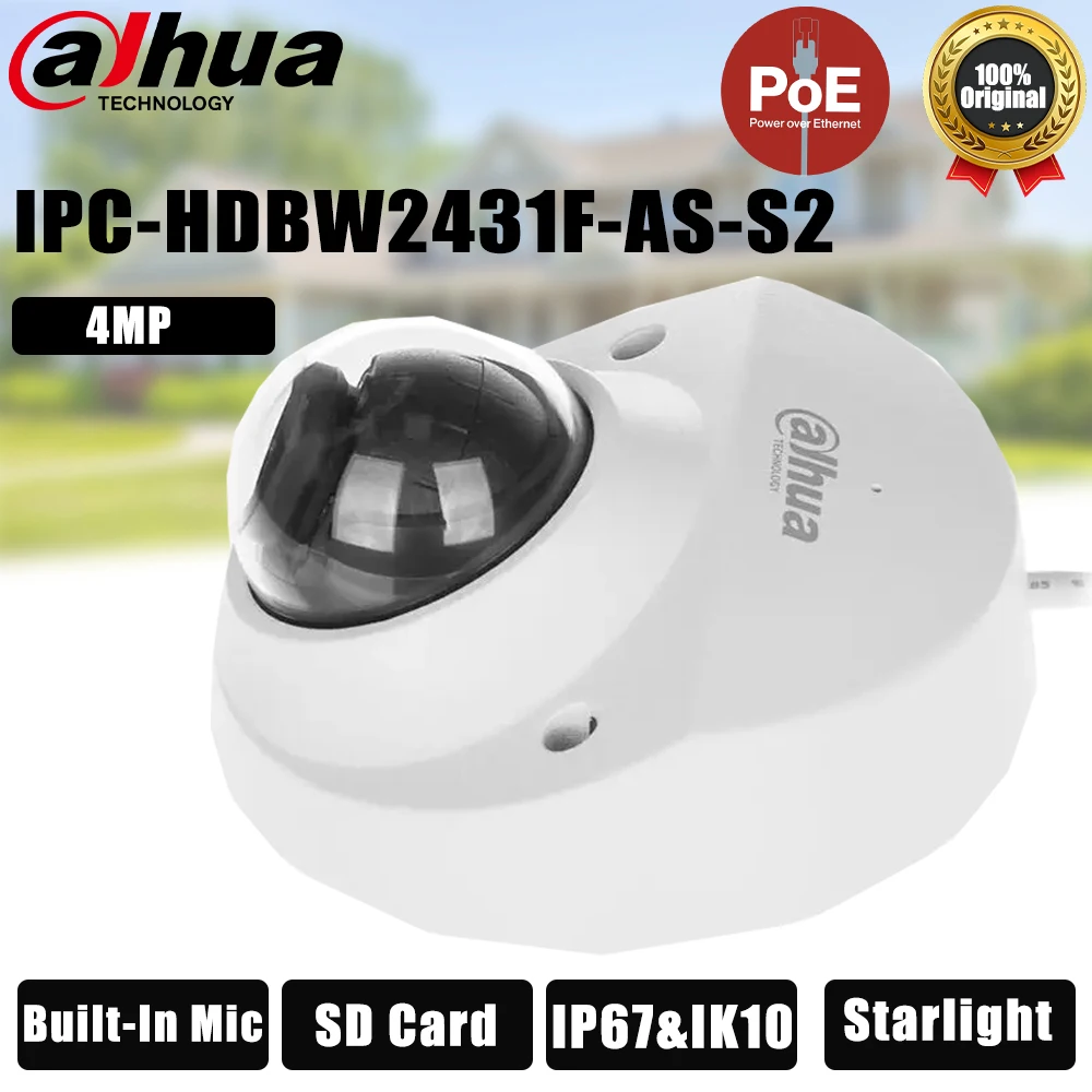 

Dahua IPC-HDBW2431F-AS-S2 4MP Mini Starlight IP Camera IP67 IK10 Waterproof & Vandal-proof Bulit Mic IR30M Surveillance Camera