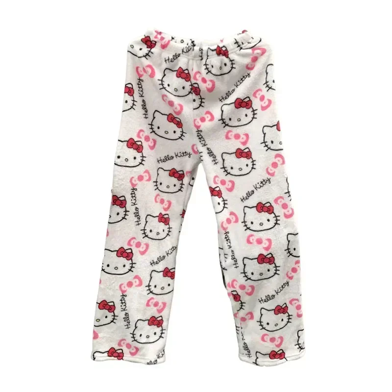 Pantalones de pijama gruesos de Hello Kitty, pantalones de tela elástica doble de forro polar de Sanrio Anime, pantalones suaves para mujer, regalo de cumpleaños de dibujos animados