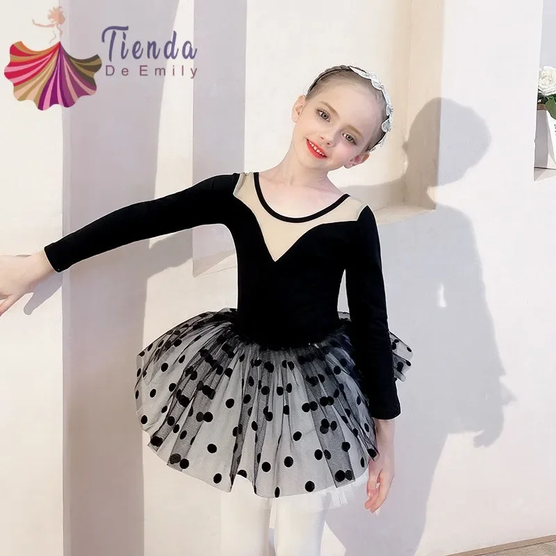 Black Dots Girls Training Skirt Children's Dance Clothes Grading Split Ballet Dress Kids Leotard For Gymnastics Long Sleeve Soft