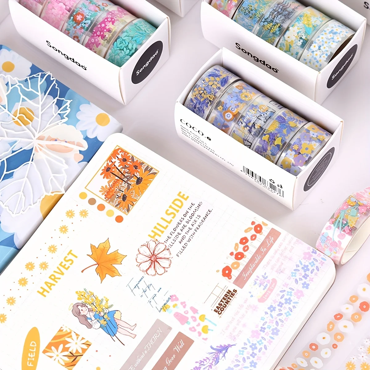 Vintage Flower Washi Tape 5 rolls/box small floral transparent PET material decorative tape must-have gift for friends