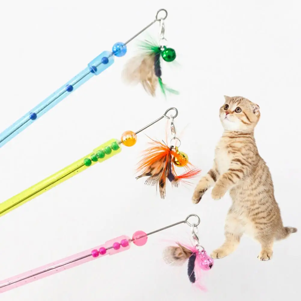 Cat Toy Kitten Teaser Interactive Bell Feather Rod Long Pole