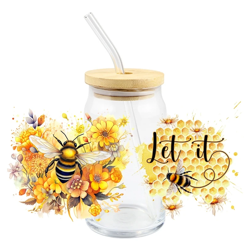 Cartoon Bee UV DTF Wrap Transfer Stickers Waterproof DTF Wrap For Glasses Cups Bottles Mugs Decal Easy To Use